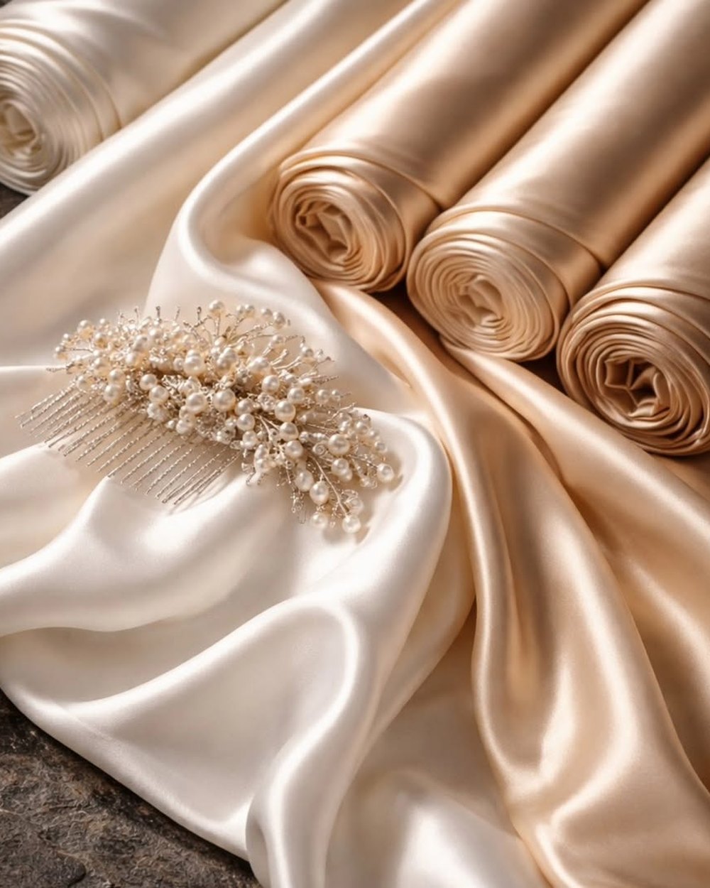 Rollos de seda en tono champagne junto a un tocado de novia